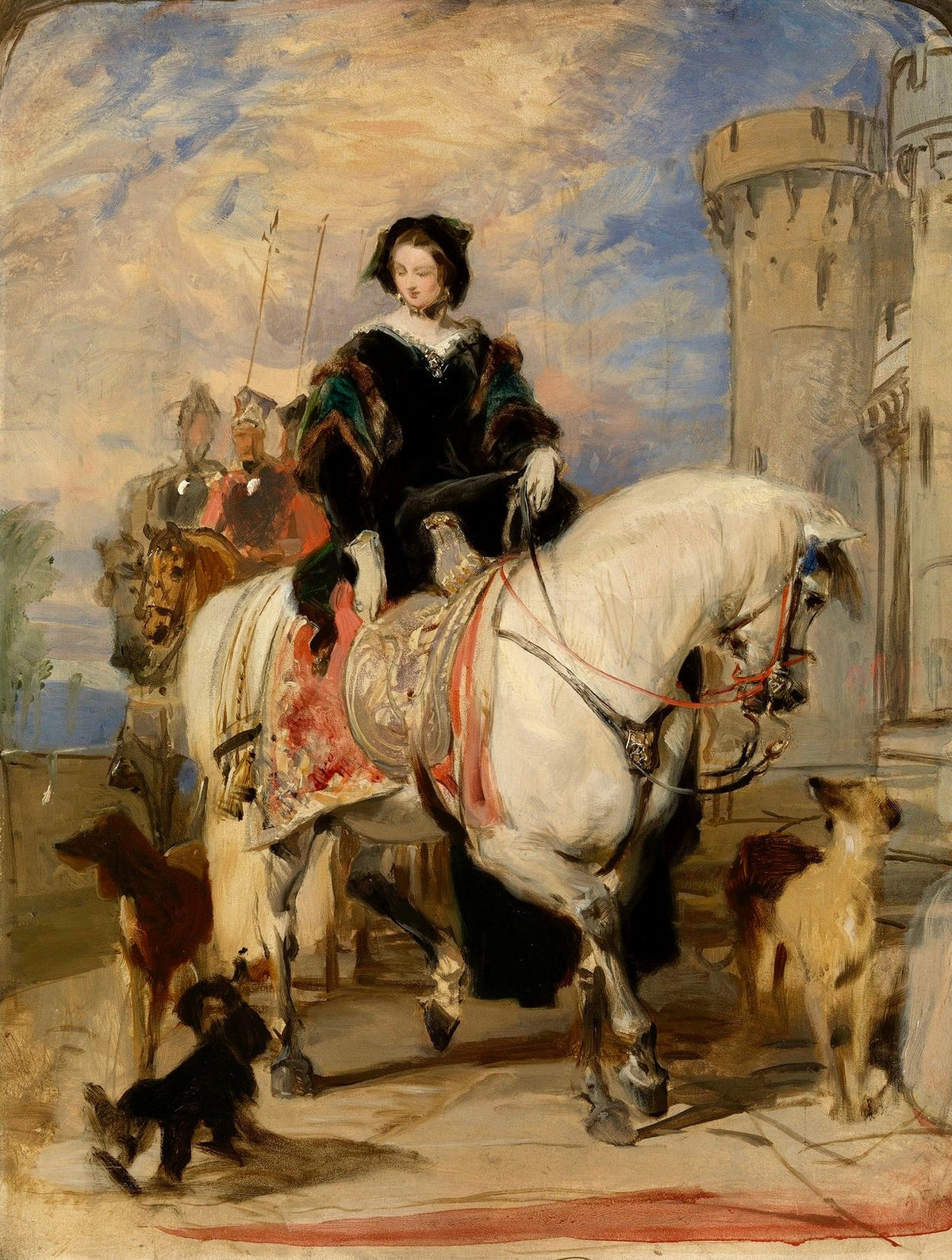 Equestrian portrait of Queen Victoria on a white horse with castle and dogs