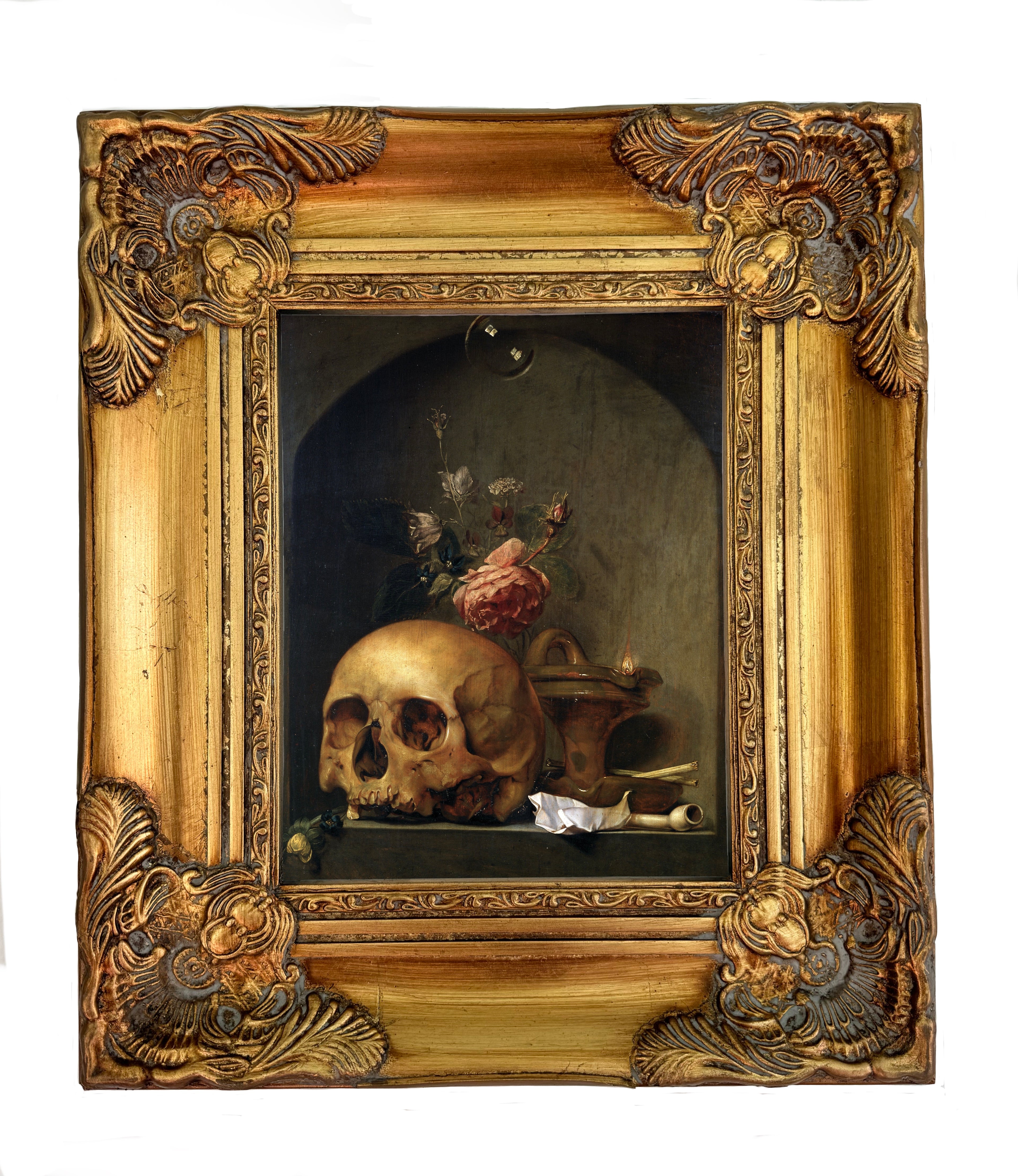 Framed dark academia skull still life