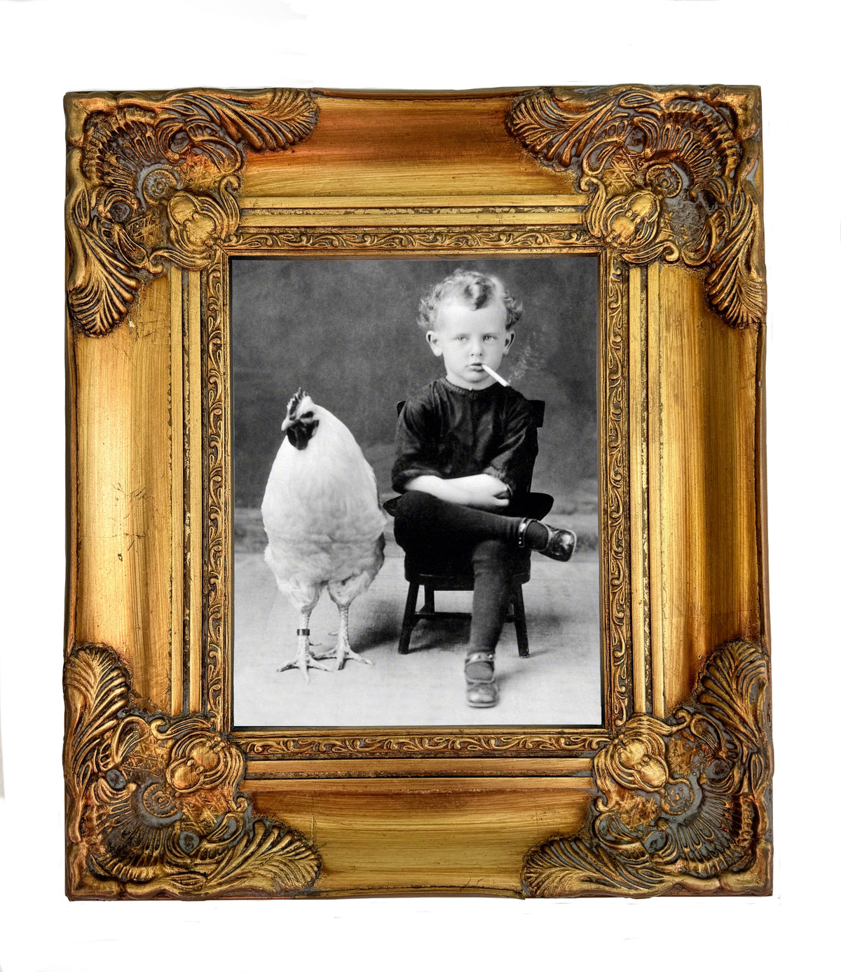Black-and-white vintage photograph reproduction showing a seated boy beside a chicken