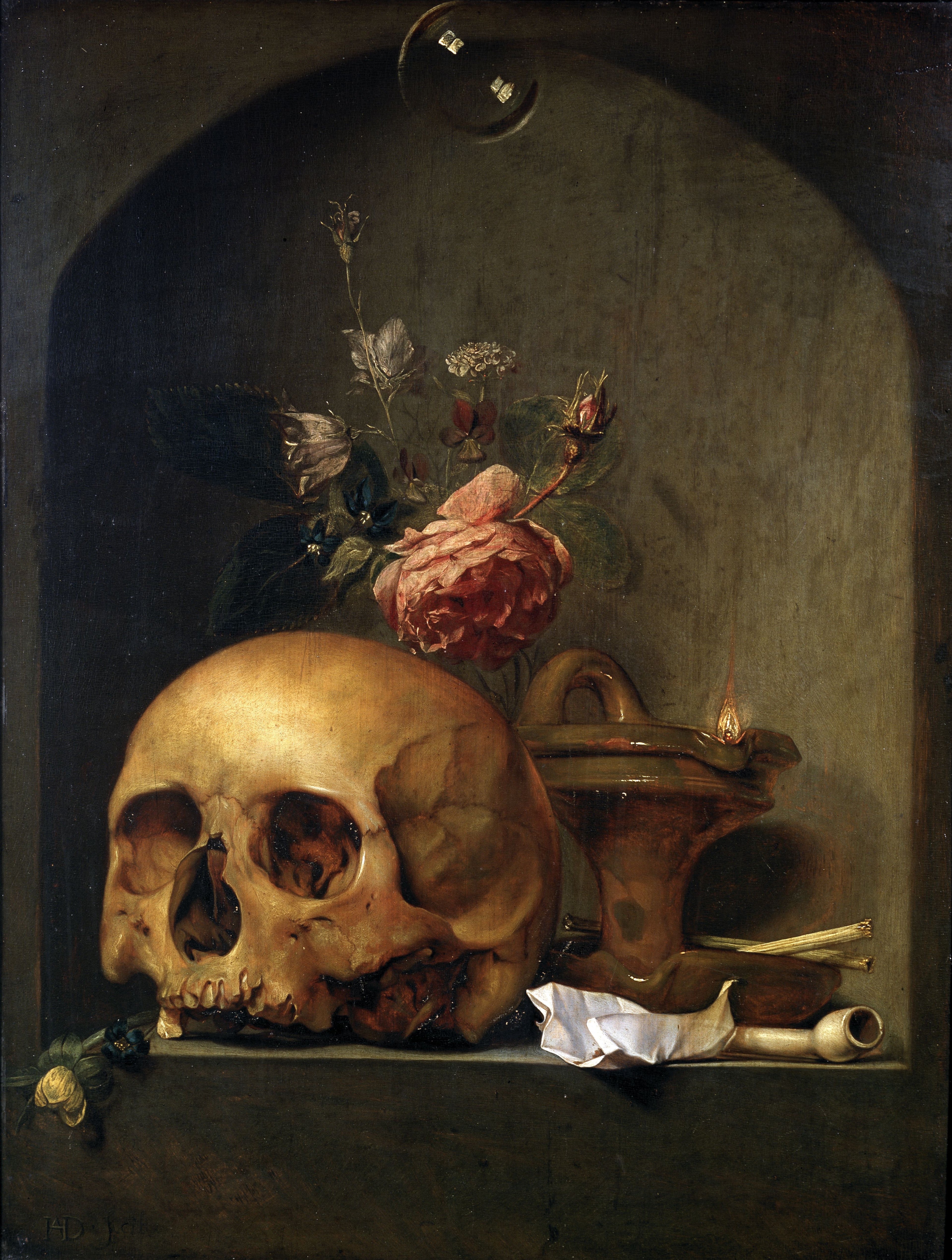 Framed dark academia skull still life